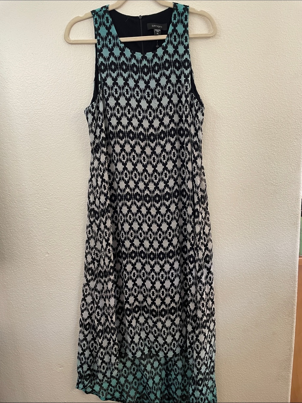 Karen Kane Black, Ivory & Teal Geometric Maxi hi low Dress cocktail party xl